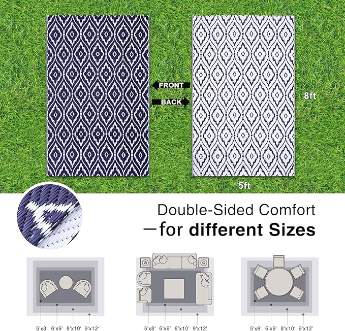 OLANLY Outdoor Rug 5x8 ft Waterproof, Outdoor Plastic Straw Rug with Geometric Pattern Clearance, Reversible RV Mat for Patio, Camping, Balcony, Deck, Backyard, Navy & White-Ruum Studio Home