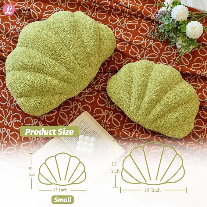 Green Seashell Throw Pillows, Shell Shaped Throw Pillows, 13 Inch Soft Home Decorative Pillow Plush Cushion for Bed Couch Living Sofa Room Decor Accent Throw Pillow-Ruum Studio Home