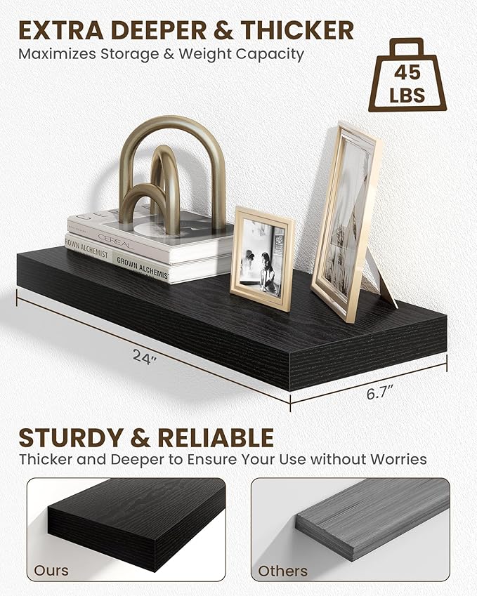 Marsmiles 24" Floating Shelves for Wall, Wooden Shelves with Invisible Brackets Set of 2, Rustic Farmhouse Wall Mounted Shelf for Kitchen Bathroom Living Room Study, Black-Ruum Studio Home