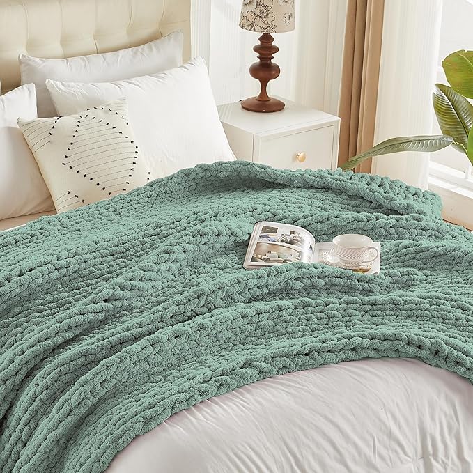 Carriediosa Chunky Knit Throw Blanket 50" X 60", 100% Hand Made Large Chenille Loop Yarn Soft Fluffy Throws for Couch Sofa Bed, Big Crochet Cozy Heavy Thick Cable Woven Blanket, Sage Green-Ruum Studio Home