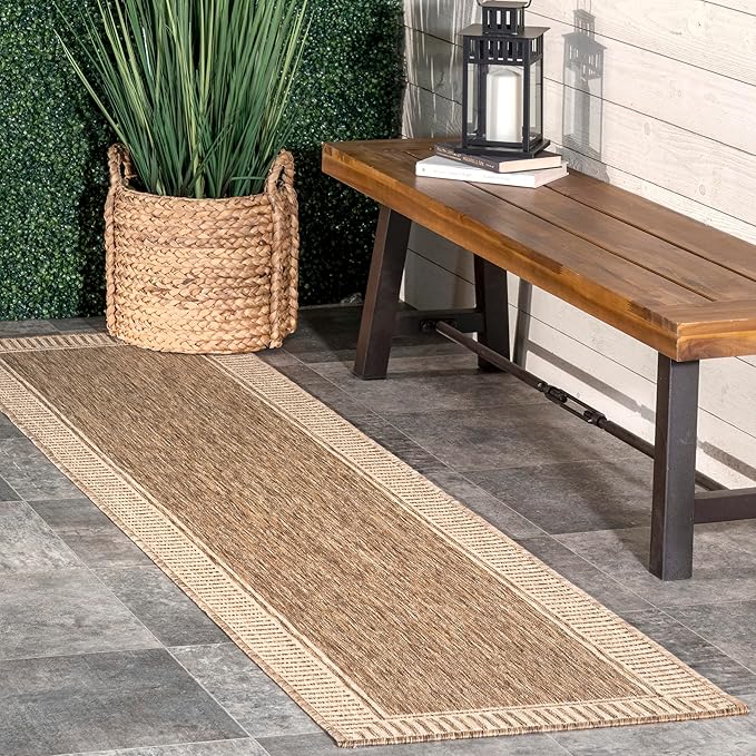 nuLOOM 2x8 Outdoor/Indoor Asha Area Rug, Light Brown, Casual Design With Striped Border, Stain Resistant, Highly Durable, For Patio, Balcony, Bedroom, Living Room, Dining Room, Bathroom-Ruum Studio Home