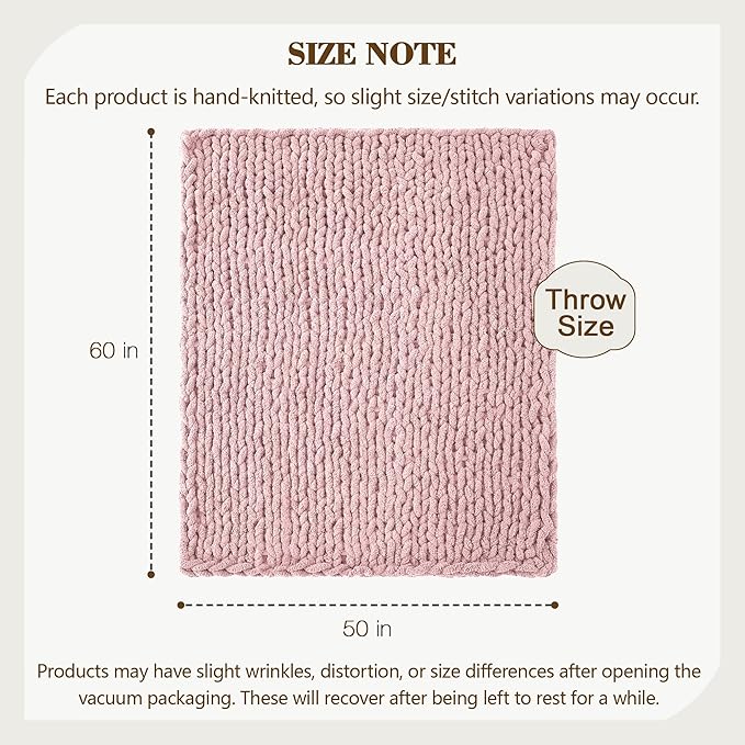 Carriediosa Chunky Knit Throw Blanket 50" X 60", 100% Hand Made Large Chenille Loop Yarn Soft Fluffy Throws for Couch Sofa Bed, Big Crochet Cozy Heavy Thick Cable Woven Blankets, Dusty Pink-Ruum Studio Home