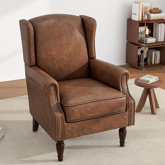 UIXE PU Leather High Back Accent Chair, Upholstered Armchair for Living Room, Retro Wingback Arm Chair Nailhead Trim Single Sofa Bedroom Reading Seat with Solid Wood Legs - Brown-Ruum Studio Home