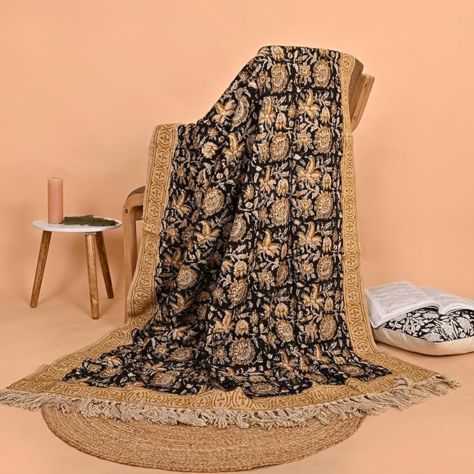 Bohemian Floral Cotton Throw Blanket with Tassels | 48x70 Inch Handblock Printed Sofa Throw | Black & Gold Decorative Bed Cover | Lightweight Couch Throw for Living Room & Bedroom-Ruum Studio Home
