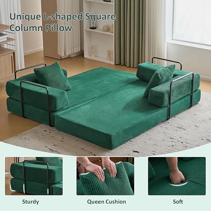 Convertible Sleeper Sofa Bed, Compression Folding Sofa with Pillow, No Assembly Required, Shape Frame, Floor Sofas Lounge Couch for Living Room, Bedroom, Small Spaces(Corduroy, 77''W, Dark Green)-Ruum Studio Home