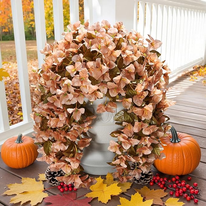 Bougainvillea Artificial Flowers Plants for Outdoors Outside Fall Autumn Decoration, 2 pcs Faux Silk Long Trailing Vines UV Resistant Look Real Brown Fake Flowers for Front Door Porch Planter Urn Yard-Ruum Studio Home