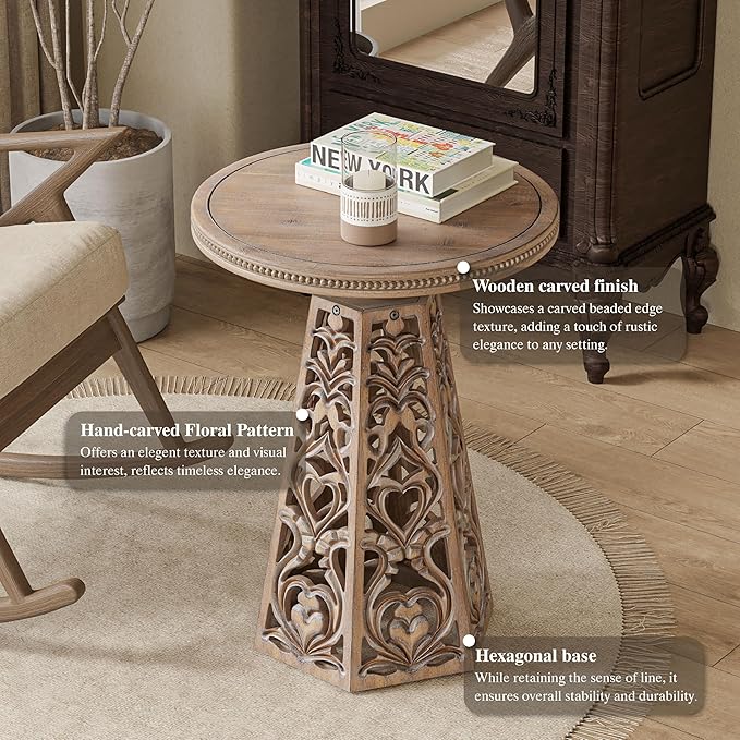 Rustic Farmhouse Wooden End Table, Distressed Round Accent Table with Intricate Carved Floral Patterns, Boho, for Living Room, Bedroom, or Entryway, Distressed Wood Color-Ruum Studio Home