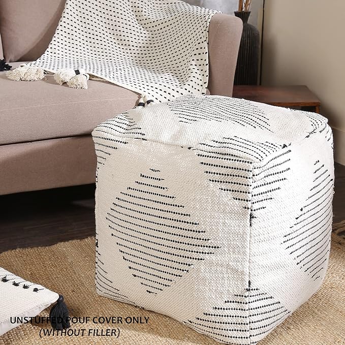 REDEARTH · UNSTUFFED Pouf Ottoman Cover Textured Boho Storage Square Home Decor Poof Pouffe Space Saver Footrest for Living Room, Bedroom, Nursery, Kidsroom; 100% Cotton (18"x18"x18"; Black)-Ruum Studio Home