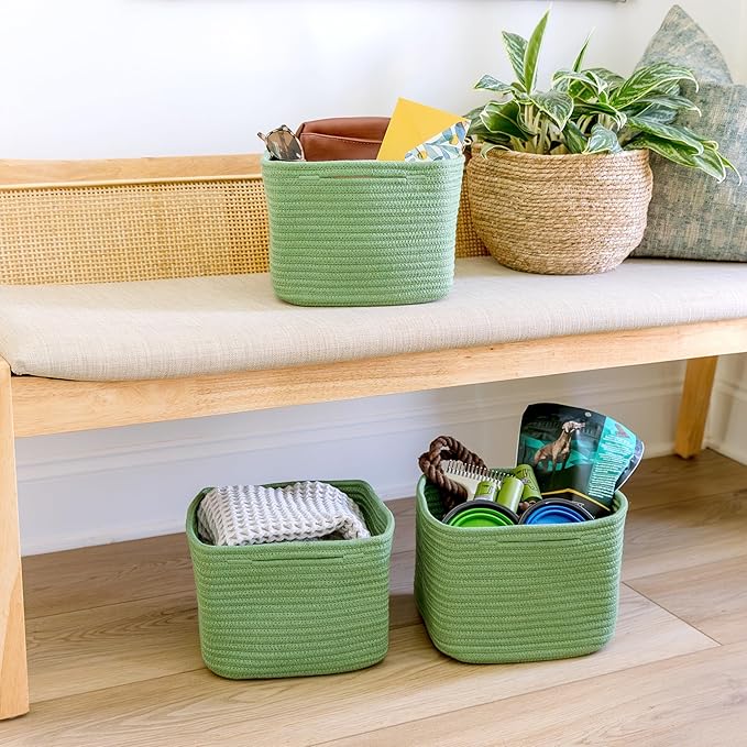 NaturalCozy Storage Cubes 9”x9”x7”Cotton Rope Woven Baskets for Organizing 3-Pack | 9 Inch Cube Storage Bin | Small Basket for Shelf Nursery, Pantry, Decorative Plant, Bathroom Closet, Toy Gift-Ruum Studio Home