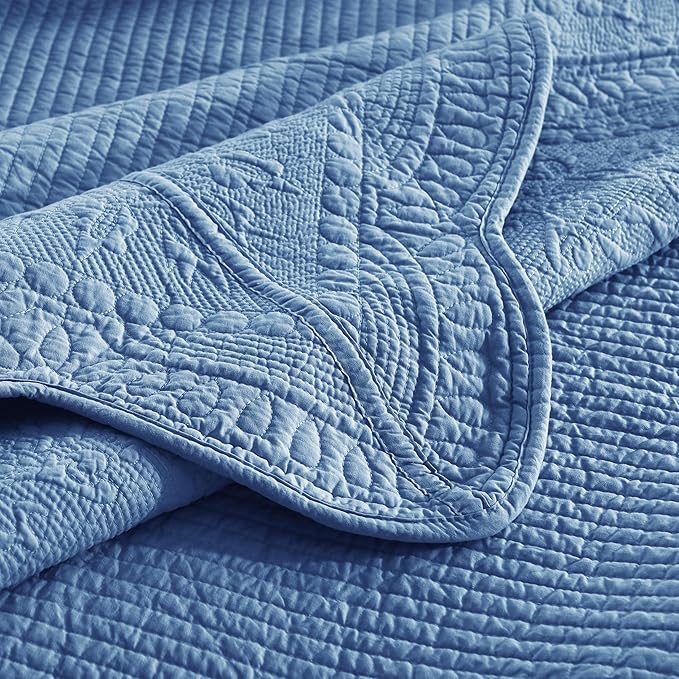MarCielo 3-Piece 100% Cotton Oversized Bedspread Lightweight Quilt Coverlet Embroidery Farmhouse Bedding Set (TG Midtone Blue, Oversized Queen (100"x106"))-Ruum Studio Home
