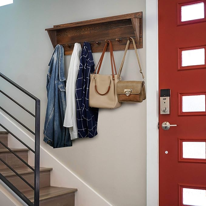 WEBI Coat Rack Wall Mount with Shelf,8 Peg Hooks,34" Long Rustic Entryway Wall Shelf with Hooks Underneath for Hanging Coats,Clothes,Bathroom,Rustic Brown-Ruum Studio Home