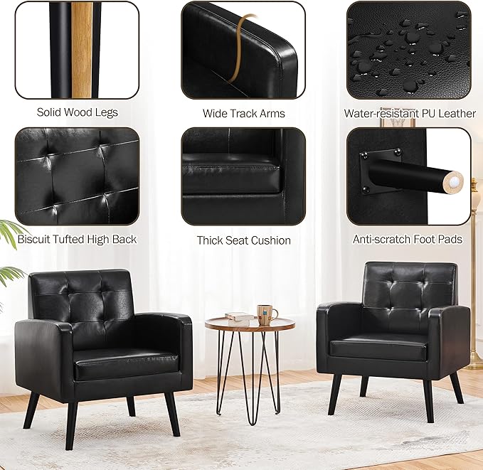 Yaheetech Mid-Century Accent Chairs, PU Leather Modern Upholstered Living Room Chair, Cozy Armchair Button Tufted Back and Wood Legs for Bedroom/Office/Cafe Black 2PCS-Ruum Studio Home