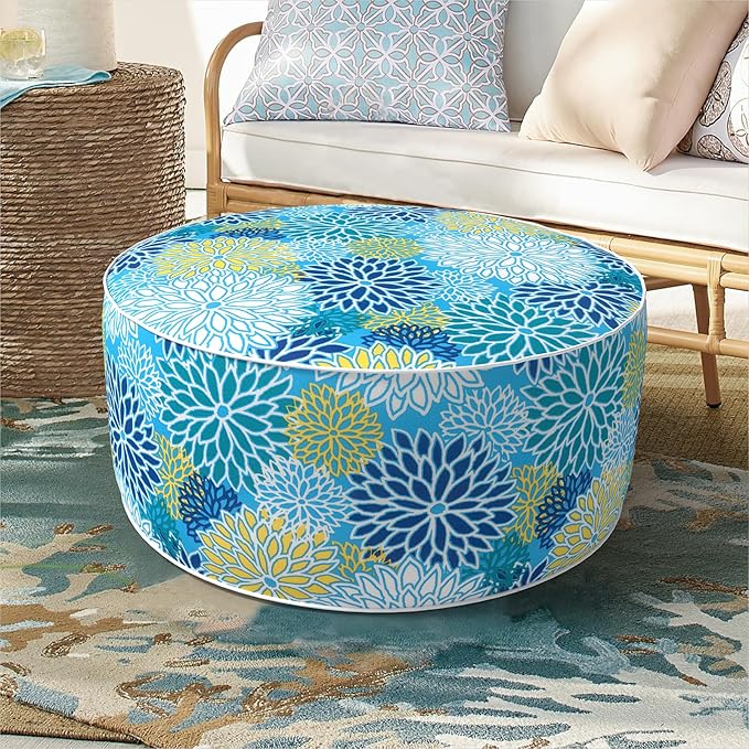 Inflatable Ottoman Stool D21 xH9 for Outdoor/Indoor Use, Water Repellent Patio Foot Rest Stool with Portable Handle,Round Pouf Ottoman Suitable for Garden,Deck and Camping - Dahlia Blue-Ruum Studio Home