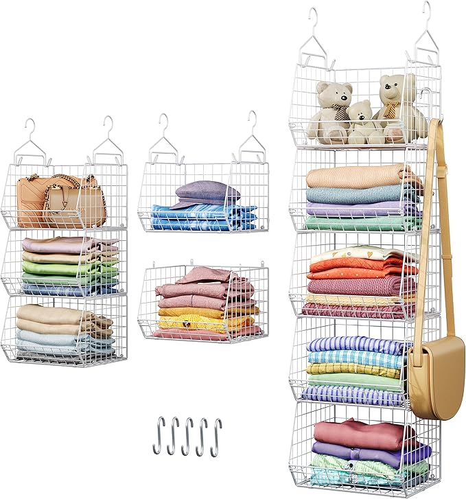 5 Tier Closet Hanging Organizer, Clothes Hanging Shelves with 4 Hanging Hooks 5 S Hooks, Wire Storage Basket Bins, for Clothing Sweaters Shoes Handbags Clutches Accessories Patent Design-White-Ruum Studio Home