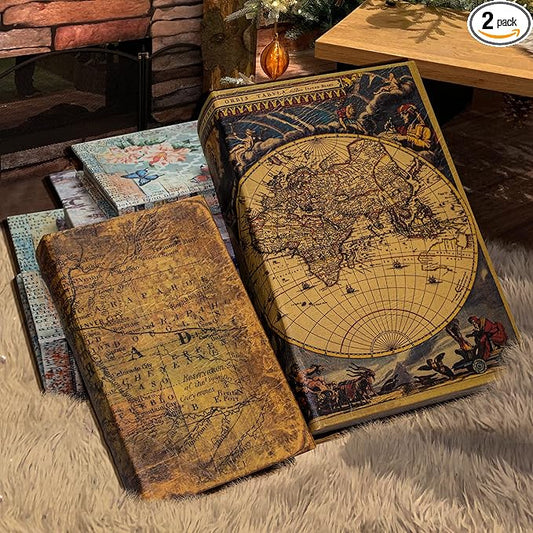 Decorative Book Box Set of 2, Trinket Keepsake Storage Boxes Book Shaped Storage Box Vintage Style Decorative Faux Books Boxes Globe Antique Books for Home Decoration Old World Map Pattern-Ruum Studio Home