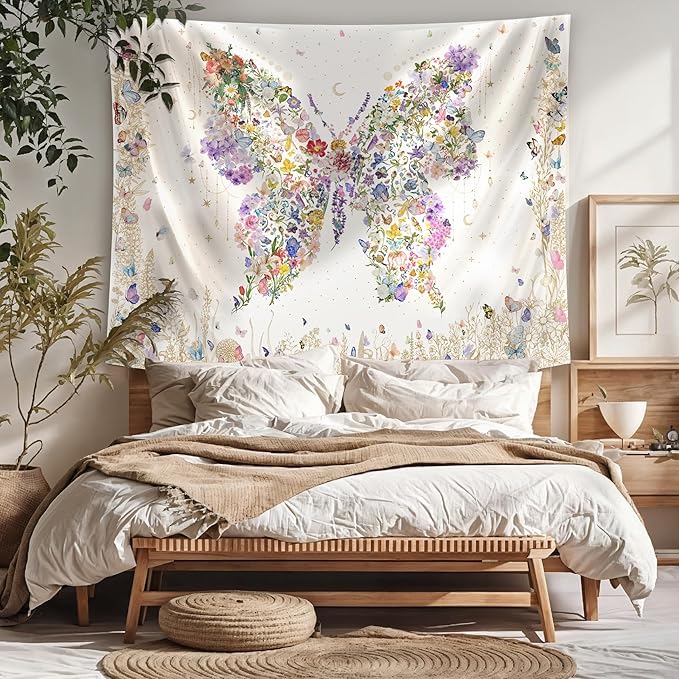 Damanse Butterfly Tapestry Wall Hanging Cute,Boho Wall Tapestry for Bedroom Aesthetic,Flower Living Room Decor for Teen Girls (White, 59.80" x 78.70")-Ruum Studio Home