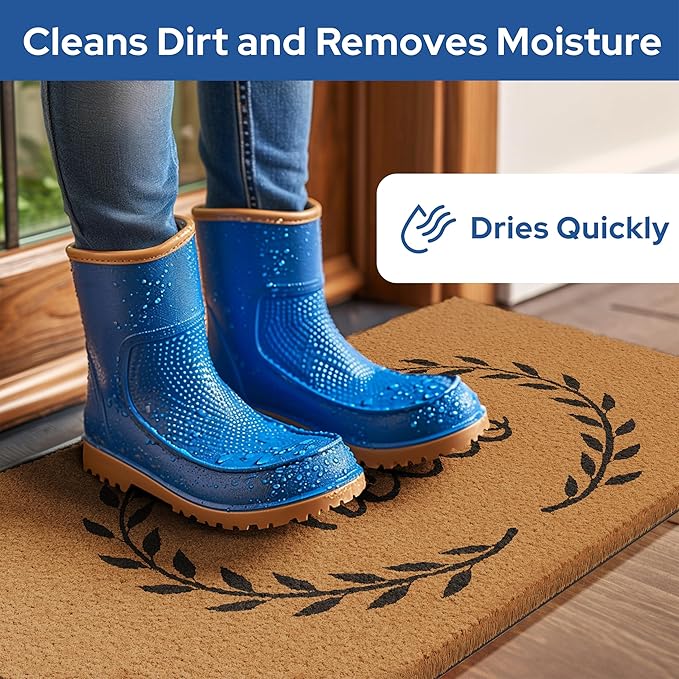 Barnyard Designs Natural Coco Coir Heavy Duty Backing Doormat - Large Cute Non-Slip Front Door Welcome Mat for Outside Entrance or Porch Entry, Brown (17x30, Hello Wreath)-Ruum Studio Home