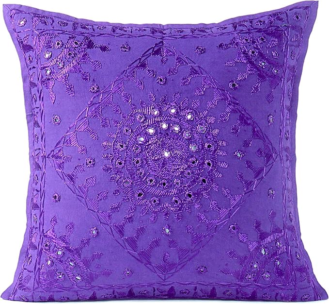 Eyes of India Embroidered Decorative Boho Throw Pillow Cover with Mirrors, Handmade Bohemian Accent Cushion Case for Sofa Couch Bedroom Living Room (Purple, 24" x 24")-Ruum Studio Home
