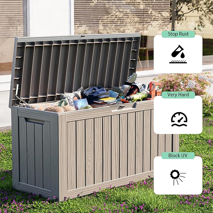 86 Gallon Outdoor Deck Box,Storage Lockable Waterproof Patio Furniture,Garden Tools,Cushions,Pool Accessories Outside Storage Resin Box(Grey)-Ruum Studio Home