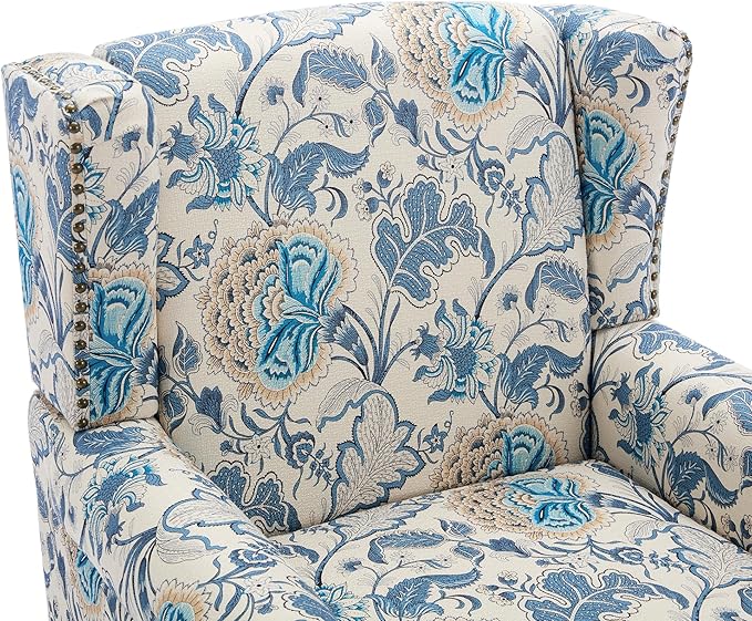 UIXE High Back Floral Accent Chairs Set of 2, Upholstered Armchair in Fabric, Retro Printed Wingback Arm Chair for Living Room, Nailhead Trim Single Sofa Bedroom Reading Seat - Boho Blue-Ruum Studio Home