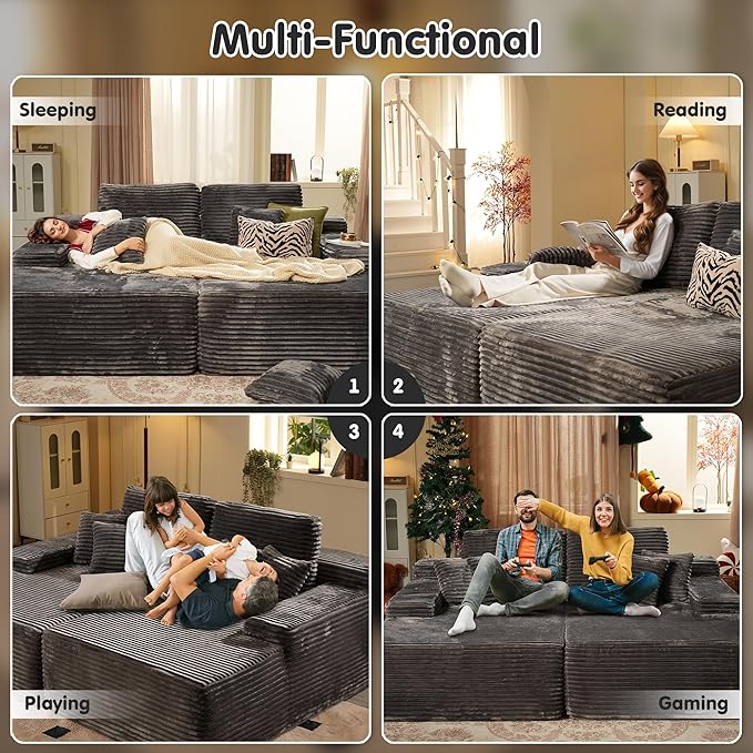 ovios 81" Oversized Sectional Double Lounge Chaise with Cloud Plush Sofa Bed, No Assembly Required, Fluffy Modern Sleeper Loveseat Chair for Indoor Living Room Bedroom Reading, Grey (Plush Fabric)-Ruum Studio Home
