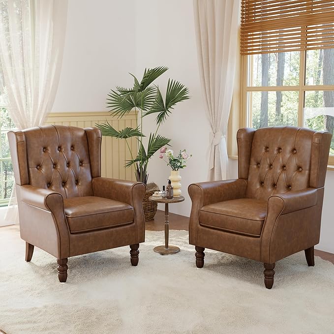 High Back Accent Chairs Set of 2,Upholstered Faux Leather Wingback Armchairs with Solid Wood Legs for Small Spaces,Comfy Single Sofa Chairs for Living Room,Bedroom,Office-Brown-Ruum Studio Home