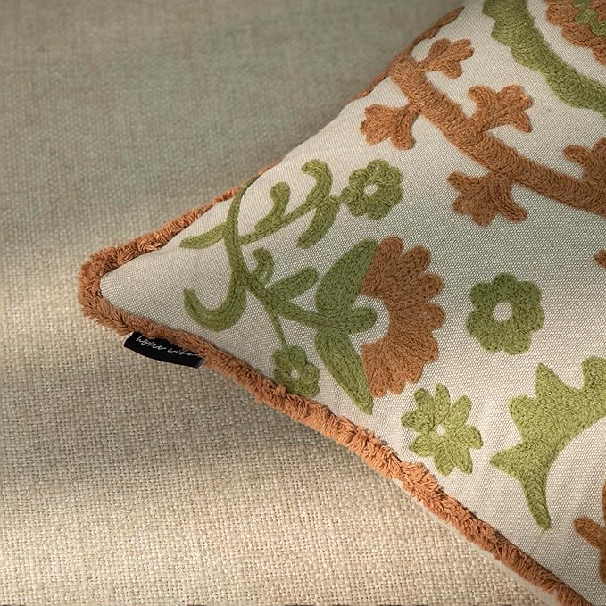 Embroidered Mandala Floral Vintage Indian Cotton Decorative Embroidery Throw Pillow Covers, Fringes Lace Cushion Cover, Pillow Case for Sofa Couch Bed Chair 18" x 18"-Ruum Studio Home