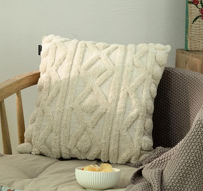 Tufted Boho Pillow Covers 18X18 Inch Throw Pillow Covers Decorative Cushion Cover Exquisitely Crafted with Hand-Finished Tuft Farmhouse Pillow Case for Couch Sofa Bed Living Room Bedroom-Ruum Studio Home