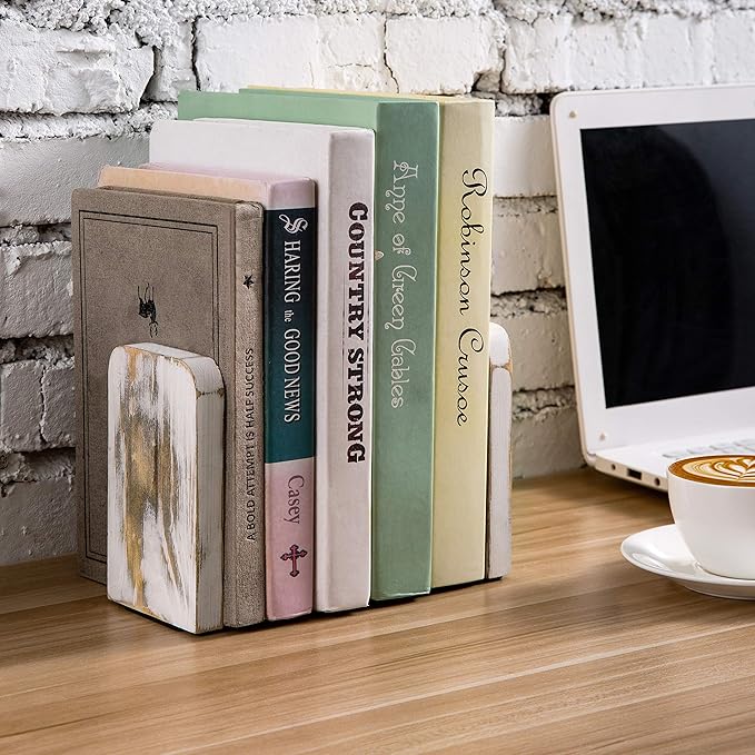 MyGift Whitewashed Wood Desktop Bookends, Decorative Bookshelf Display Organizers Office Book Shelf Decor, 1 Pair-Ruum Studio Home