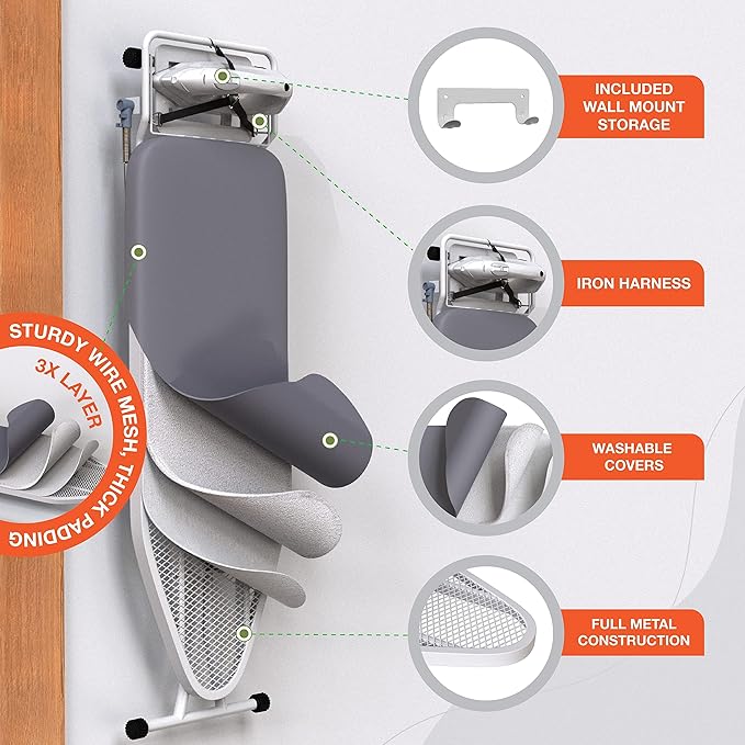 Xabitat Full Size Ironing Board 57" X 15" with Wall Mount Hanger, Full Metal Construction Iron Board, Built in Iron Caddy, Heat & Scorch Resistant Fabric, Cord Holder, Anti-Skid Feet, Heavy Duty-Ruum Studio Home