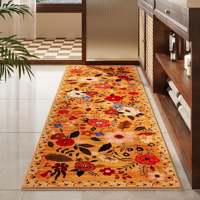 Runner Rug for Kitchen Rug Non Slip 2'x 6' Washable Rugs with Rubber Backing Soft Floral Carpet Runner for Hallways, Kitchen, Laundry, Bedroom, Bathroom(Yellow)-Ruum Studio Home