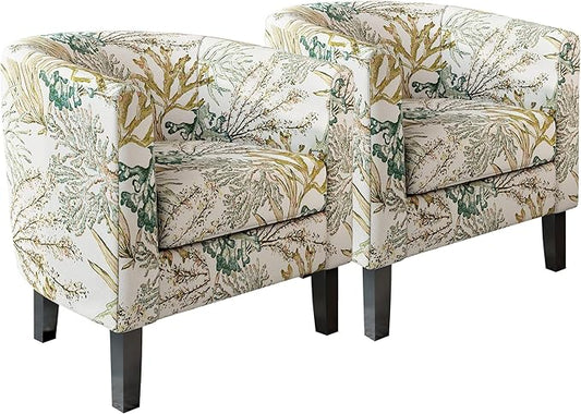 BELLEZE Living Room Chairs Set of 2, Linen Round Accent Barrel Chairs, Club Tub Sofa Chairs for Bedroom, Corner Chairs with Flared Legs and Cozy Soft Padding - Highland (Green Coral)-Ruum Studio Home