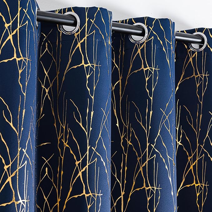 Grommets Blackout Long Window Curtains Navy Blue Gold-52W*95L 2PCS Drapes for Bedroom-Ruum Studio Home