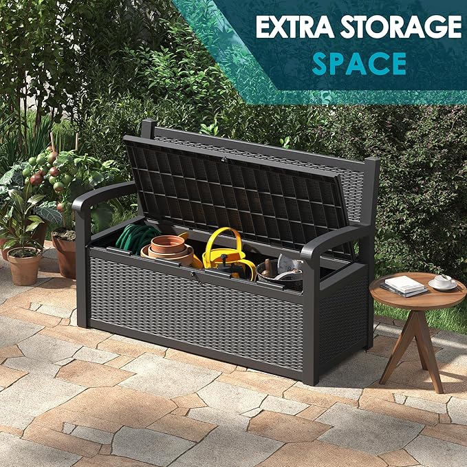 70 Gallon Storage Bench Deck Box for Patio Furniture with Armrest Bench Outdoor Storage-Ruum Studio Home