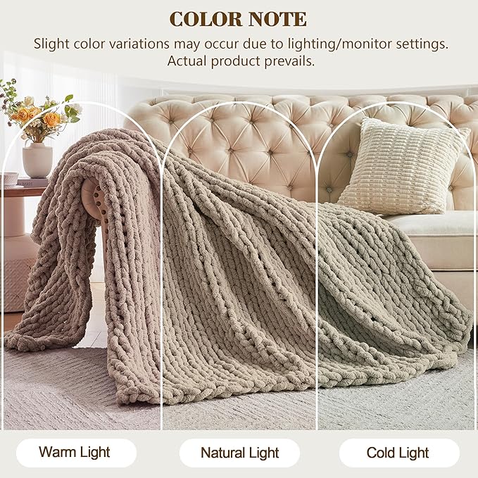Carriediosa Chunky Knit Throw Blanket 60" X 80" Twin, 100% Hand Made Large Chenille Loop Yarn Soft Fluffy Throws for Couch Sofa Bed, Big Crochet Cozy Heavy Thick Cable Woven Blankets, Taupe-Ruum Studio Home