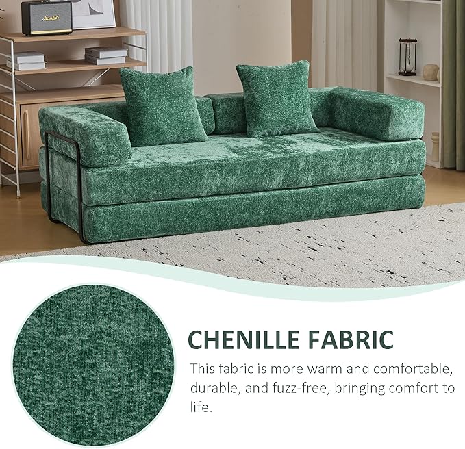 Convertible Sleeper Sofa Bed, Compression Folding Sofa with Pillow, No Assembly Required, Shape Frame, Floor Sofas Lounge Couch for Living Room, Bedroom, Small Spaces(Chenille, 77''W, Dark Green)-Ruum Studio Home
