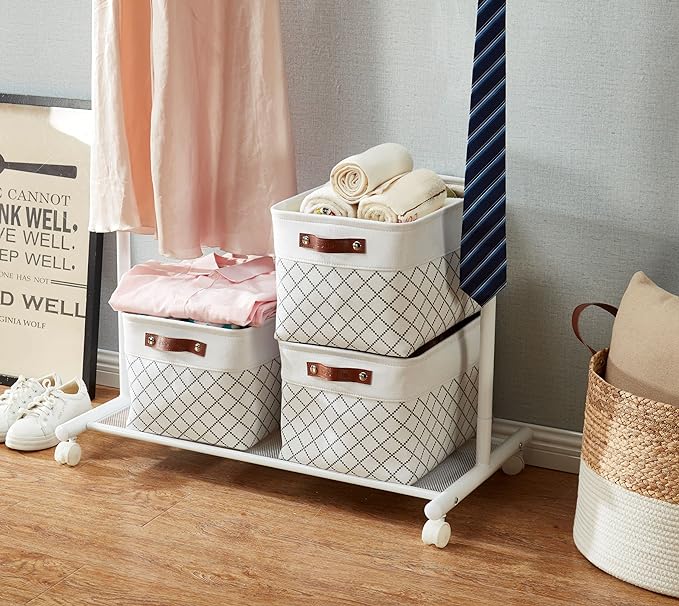 DECOMOMO White Storage Bins Fabric Storage Baskets for Shelves, Linen Closet Organization Toys Nursery (White Check, Large - 3 Pack)-Ruum Studio Home