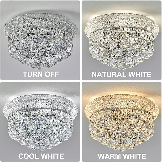 Crystal Flush Mount Chandelier Ceiling Light Fixture for Living Room Dining Room Bedroom Foyer Entryway Hallway Closet Bathroom (Chrome, 9" H x14 D)-Ruum Studio Home