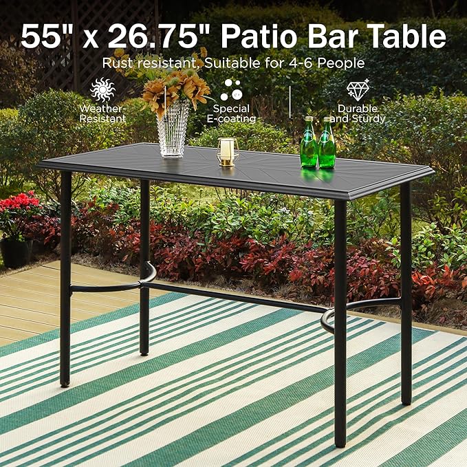 PHI VILLA Outdoor Patio Bar Table for 4-6, Counter Height Rectangle Bar Table with All Weather Metal Steel Frame Black for Outside, Yard, Garden and Deck-Ruum Studio Home