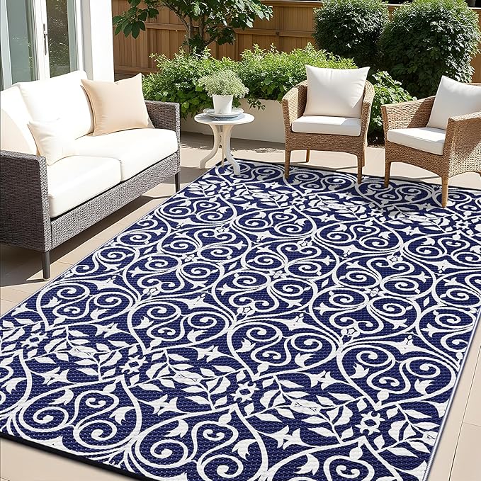 OLANLY Outdoor Rug Waterproof 9x12 ft Clearance, Reversible Outdoor Plastic Straw Rug with Floral Pattern, RV Mat for Patio, Camping, Balcony, Deck, Backyard, Navy & White-Ruum Studio Home