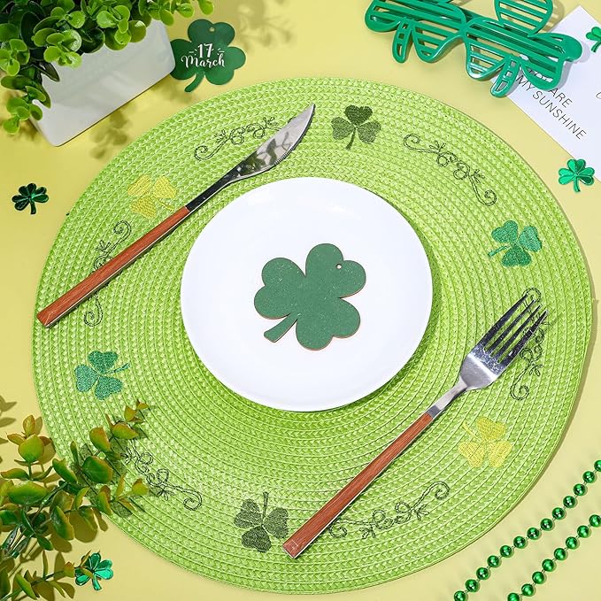Whaline 4Pcs Round St. Patrick's Day Placemats Embroidered Shamrock Place Mats Green Clover Dinner Table Mats for Home Spring Irish Holiday Birthday Party Decor-Ruum Studio Home