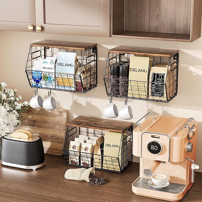 Delamu 3 Pack Stackable Metal Fruit Basket with Wood Lid-Wall Mounted&Countertop Organizer for Kitchen,Pantry- Ventilated Storage for Onions,Potatoes,Fruits,Spices,Black-Ruum Studio Home