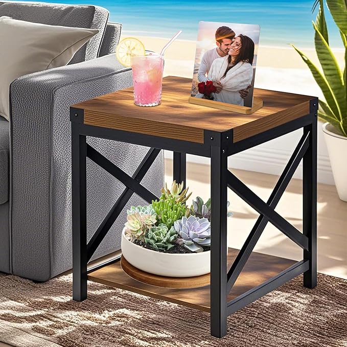 End Table Large Side Table for Living Room, Rustic Farmhouse End Tables with 2-Tier Storage, Square Nightstand Bedside Table X-Design Metal Frame, Brown (Wind, Brown)-Ruum Studio Home