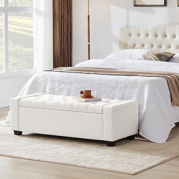 48" Ottoman with Storage, White Storage Ottoman Bench with Safety Hinge, Upholstered Entryway Bench with Seating for Bedroom, Living Room, Holds up to 330 lb-Ruum Studio Home