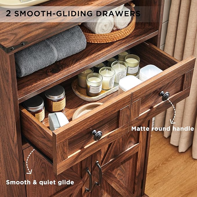Farmhouse Bathroom Storage Cabinet, 24" Wide Floor Cabinet w/Barn Doors, Adjustable Shelf & Drawer, Cabinets for Bathroom, Kitchen, or Living Room, Brown-Ruum Studio Home