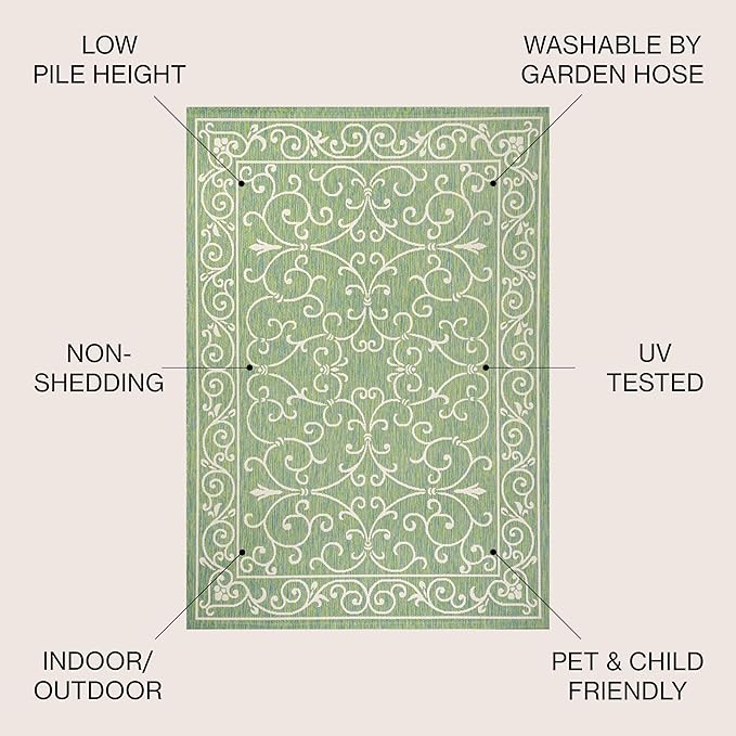 JONATHAN Y Vintage Filigree Indoor Outdoor Area Rug 4X6 Green/Ivory, Charleston Textured Weave for Backyard, Patio, Porch, Easy-Cleaning, High Traffic, Pet-Friendly, Non-Shedding (SMB106K-4)-Ruum Studio Home