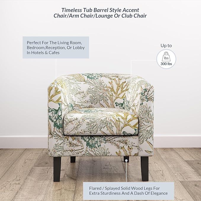 BELLEZE Living Room Chair, Linen Round Accent Barrel Chair, Club Tub Sofa Chair for Bedroom, Corner Chair with Flared Legs and Cozy Soft Padding - Highland (Green Coral)-Ruum Studio Home
