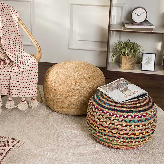 REDEARTH Round Pouf Ottoman - Braided Boho Poof Home Décor Pouffe Accent Sitting Circular Foot Rest for Living Room, Bedroom, Nursery, Kidsroom, Lounge; Jute and Cotton (19.5"x19.5"x14"; Multi)-Ruum Studio Home