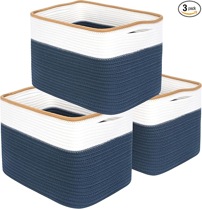 MINTWOOD Design 3-Pack Storage Baskets for Shelves, Playroom and Classroom Storage Basket, Book Basket, Decorative Storage Cube Bins, Woven Closet Organizers, Pantry and Shoe Organizer, Prussian Blue-Ruum Studio Home