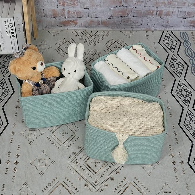 Cotton Rope storage Basket Bins Woven Basket for Organizing Shelves Rectangle Decorative Baskets For storage Clothes Toys Books Towels Square Wicker Nursery basket organizer 3 pack Green-Ruum Studio Home